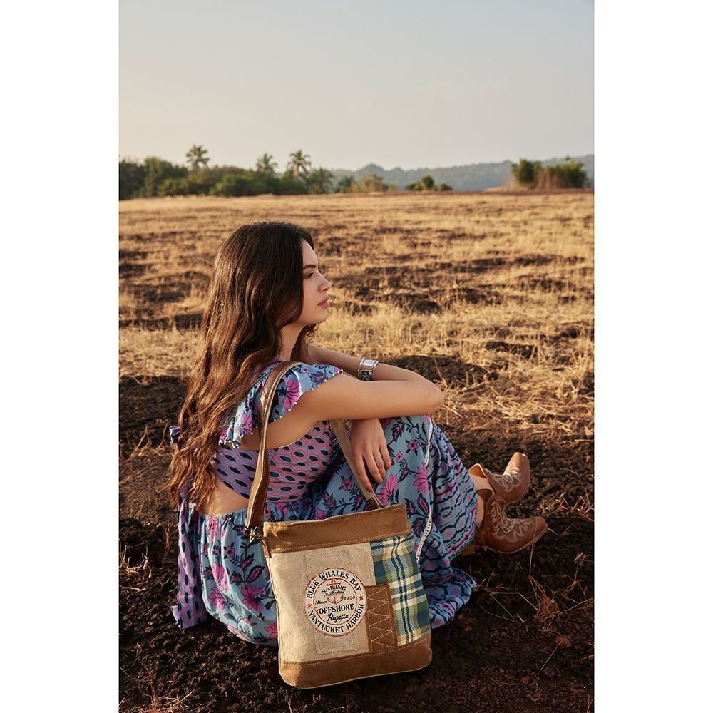 Myra Bag Handmade Blue Shoulder Bag Upcycled Canvas & Cowhide Leather